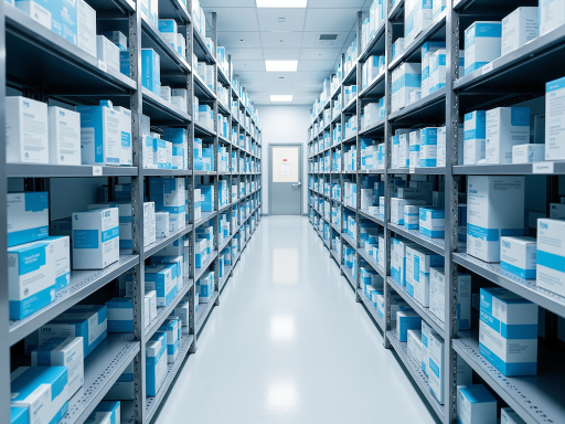现代化医药仓库内部场景，整齐排列的药品货架，明亮的照明灯光，穿着工作服的员工正在整理药品