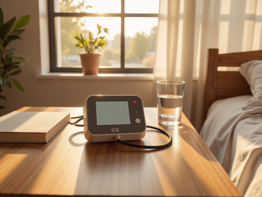 家用医疗器械展示，血压计血糖仪等设备整齐摆放，现代医疗背景