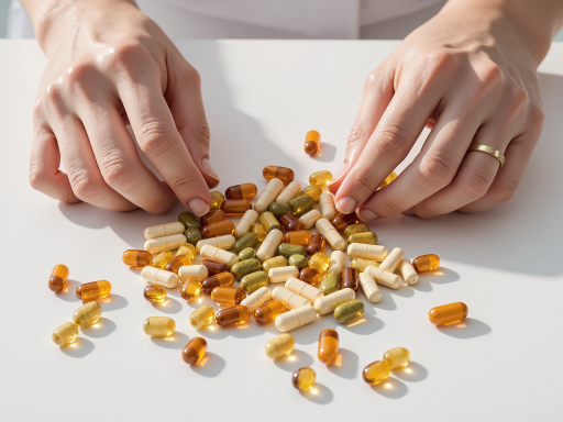 维生素及营养补充剂展示，多种维生素片剂和胶囊整齐摆放，包装精美